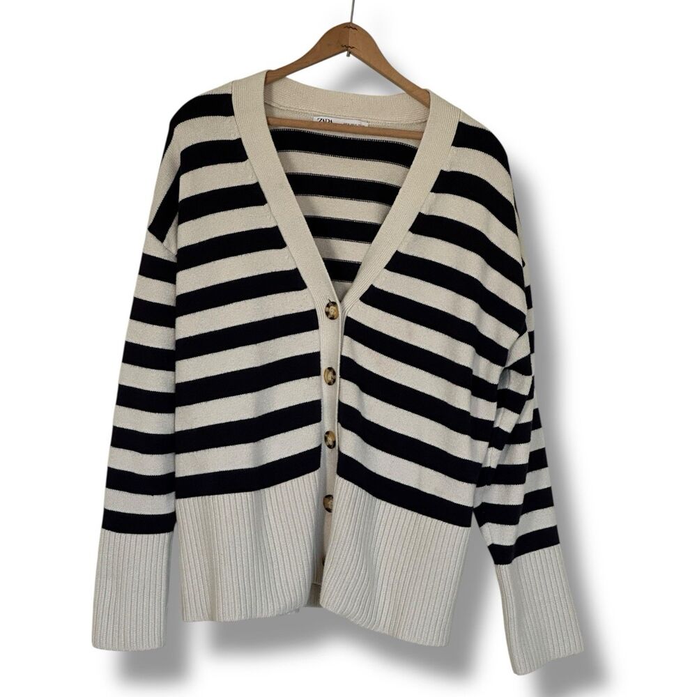 Zara Women’s Natical Navy Cream Stripe Thick Knit Cardigan Sweater Med